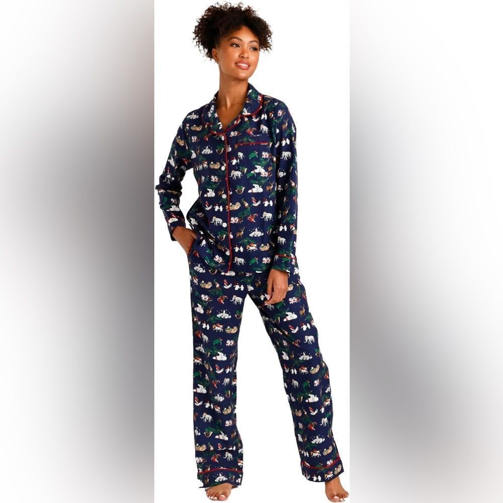 Vera Bradley Navy Blue Animal Print 100% Cotton Flannel Christmas Pajama Set XL